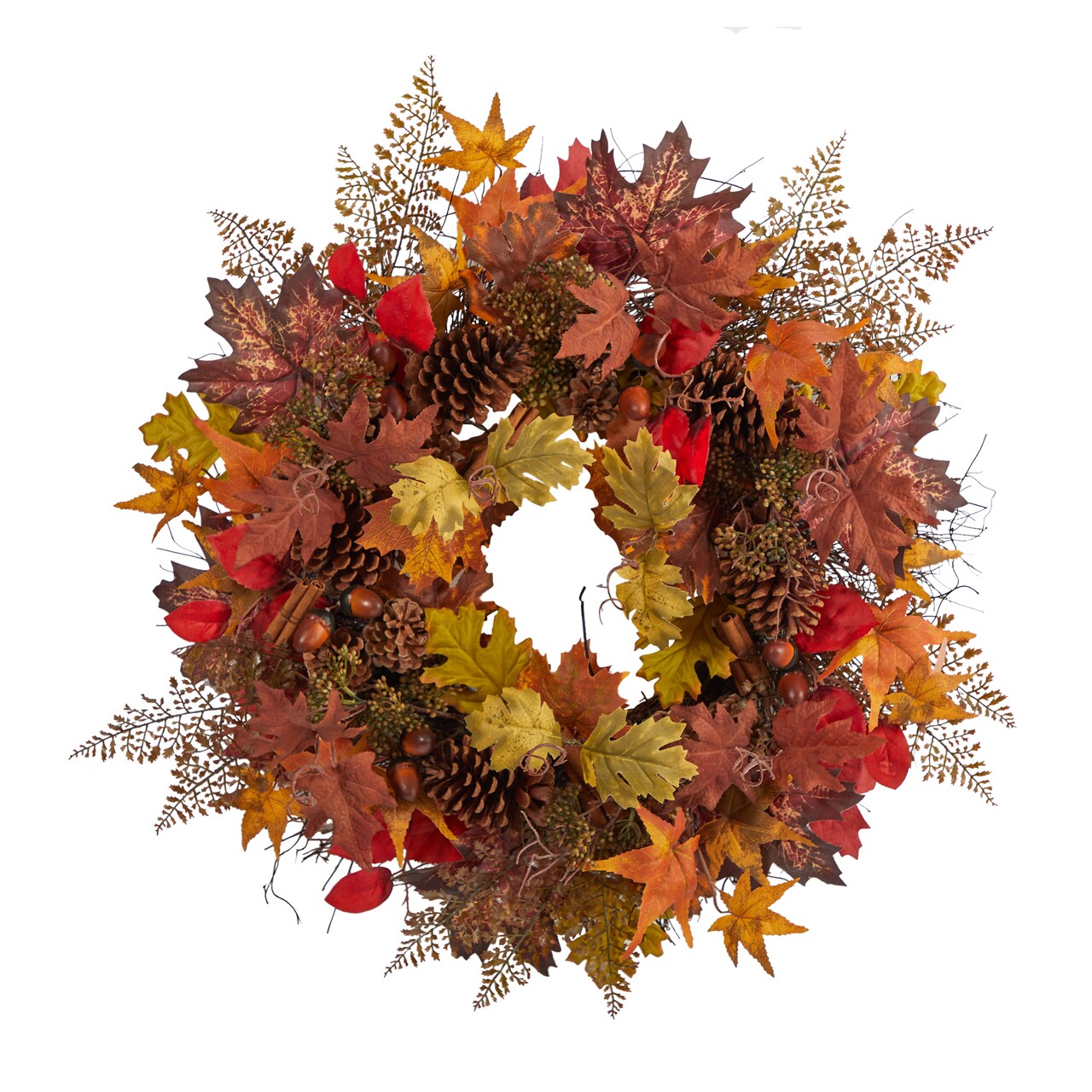 Nearly Natural Maple Leaves, Acorn, Pinecones & Cinnamon Sticks Artificial Fall Wreath, 30-Inch